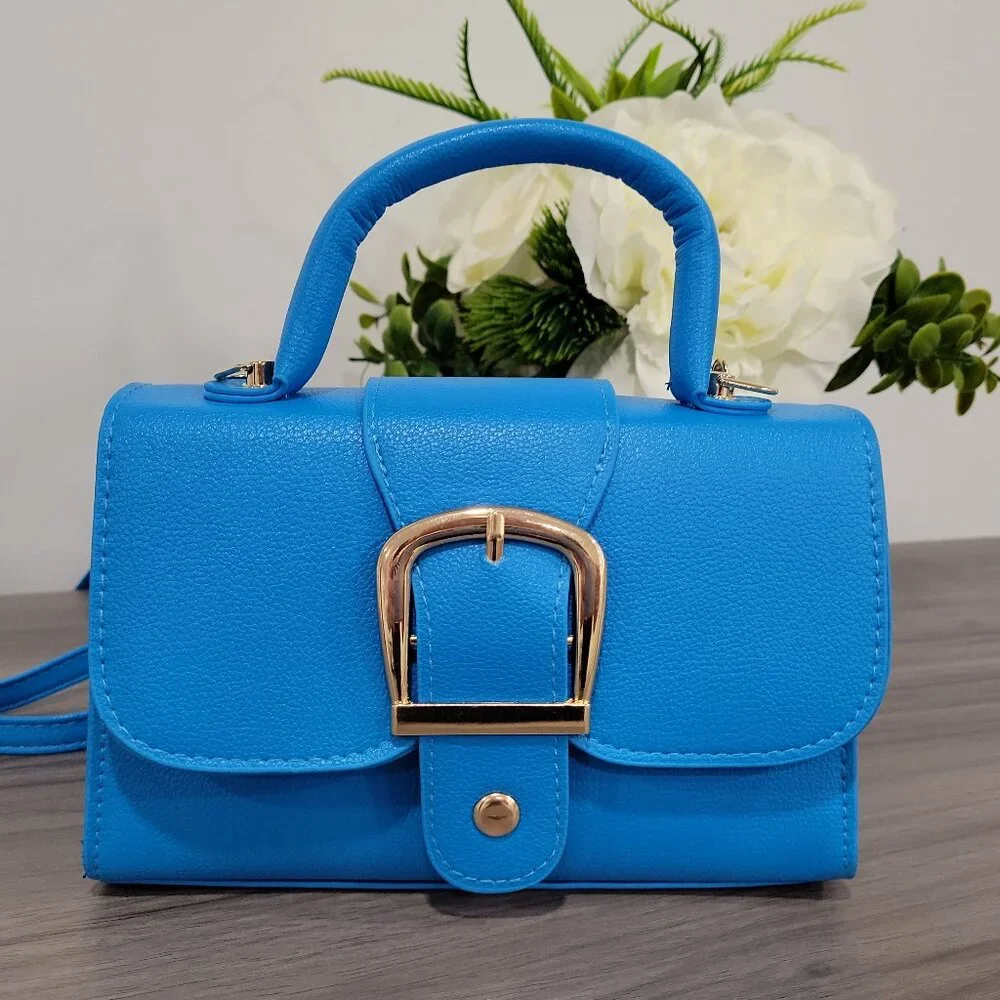 Blue Retro Style Buckle Small Handbag Purse w/Detachable Mini coin wallet - Picture 3 of 10